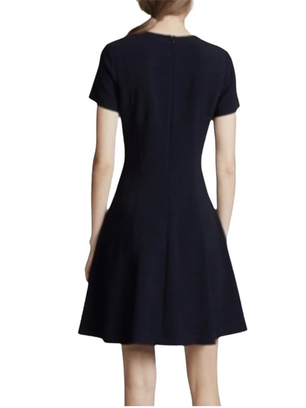Theory Black Short-Sleeve Fit-and-Flare Mini Dress - modern seamed crepe - Picture 2 of 5